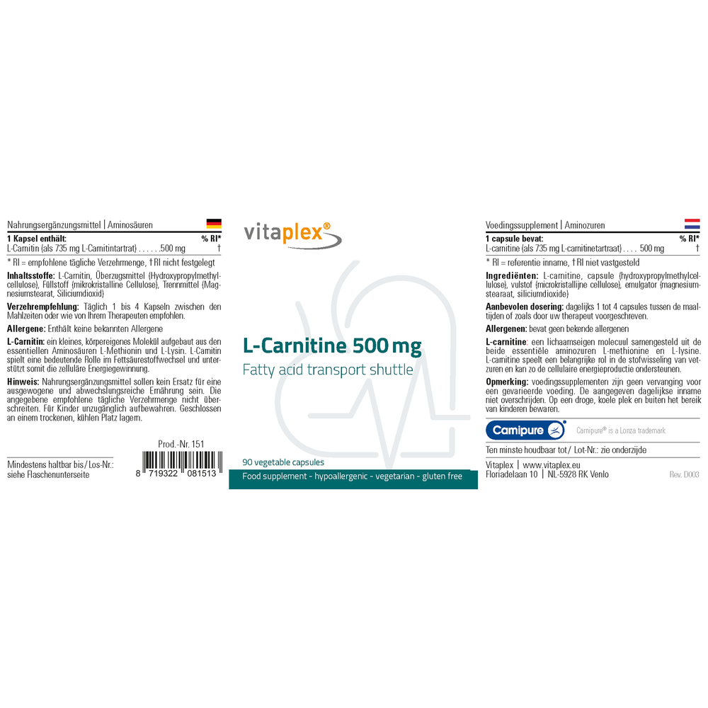 
                      
                        L-Carnitine Supplementen Vitaplex   
                      
                    