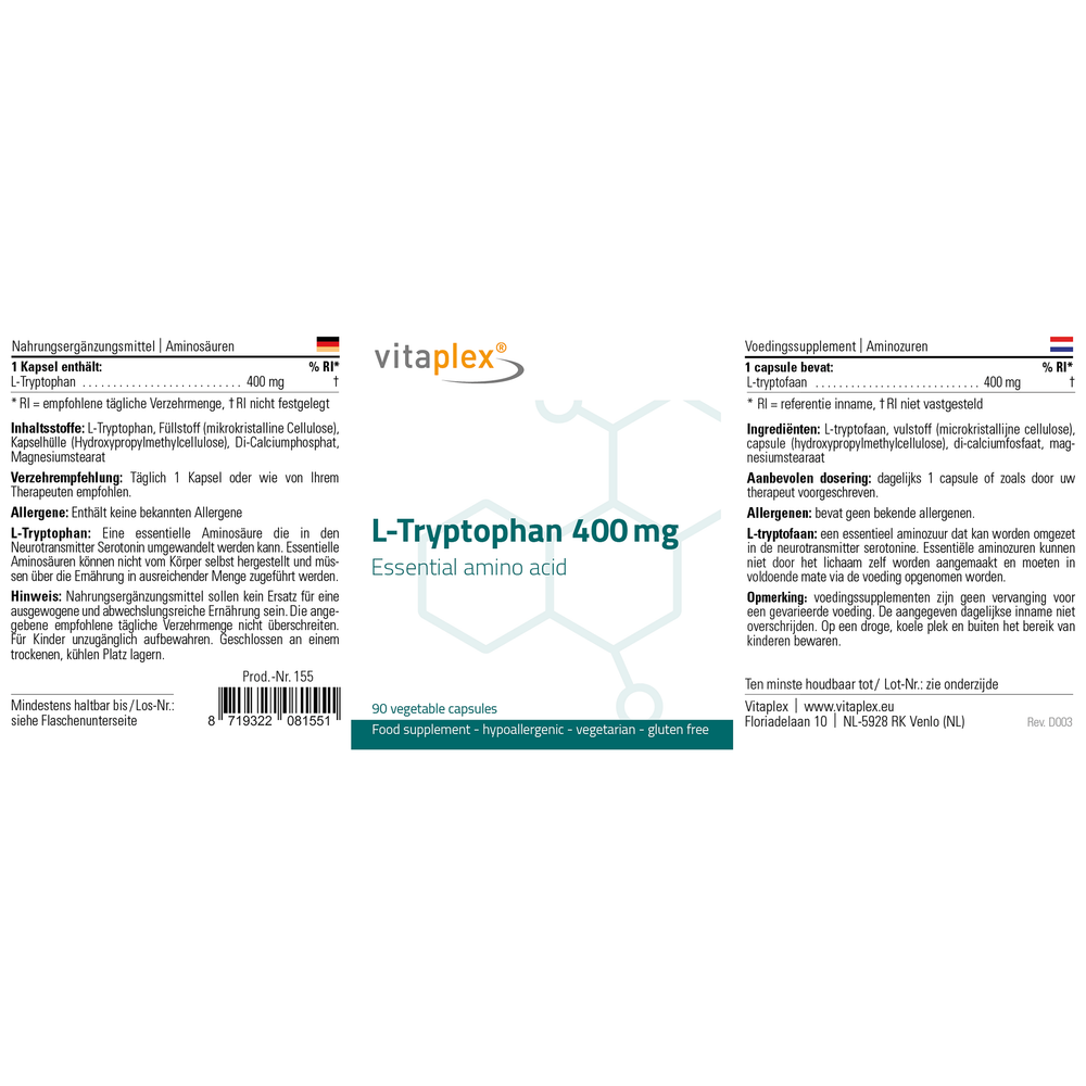 
                      
                        L-Tryptophan 400 mg Supplementen Vitaplex   
                      
                    