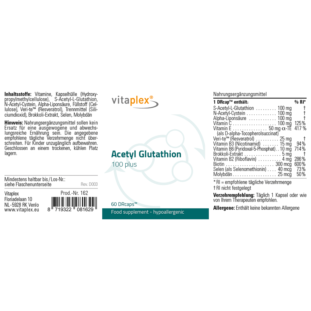 
                      
                        Acetyl Glutathion 100 plus Supplementen Vitaplex   
                      
                    