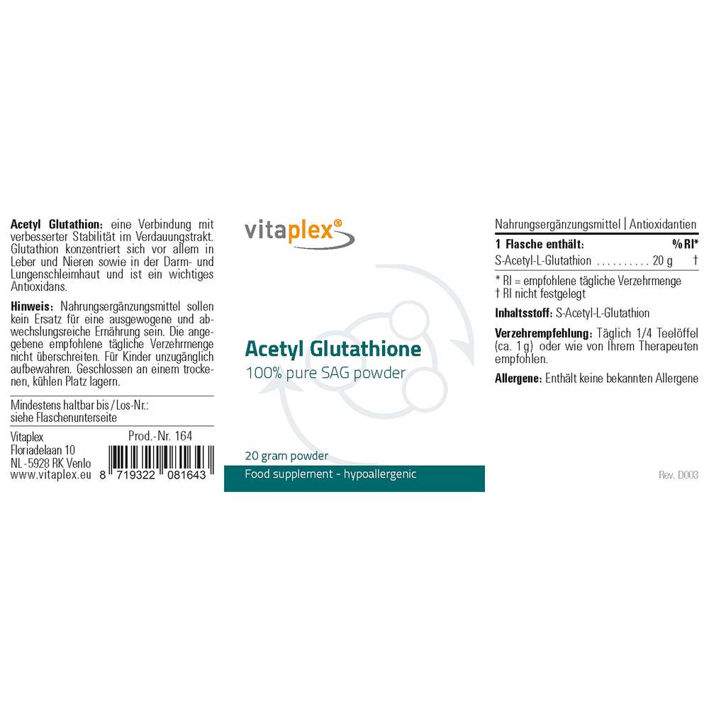 
                      
                        Acetyl Glutathion Powder Supplementen Vitaplex   
                      
                    