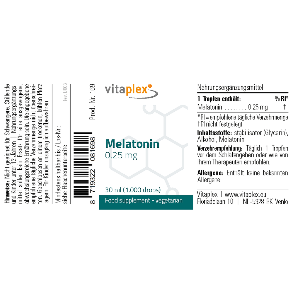 
                      
                        Melatonin 0,25 mg Supplementen Vitaplex   
                      
                    