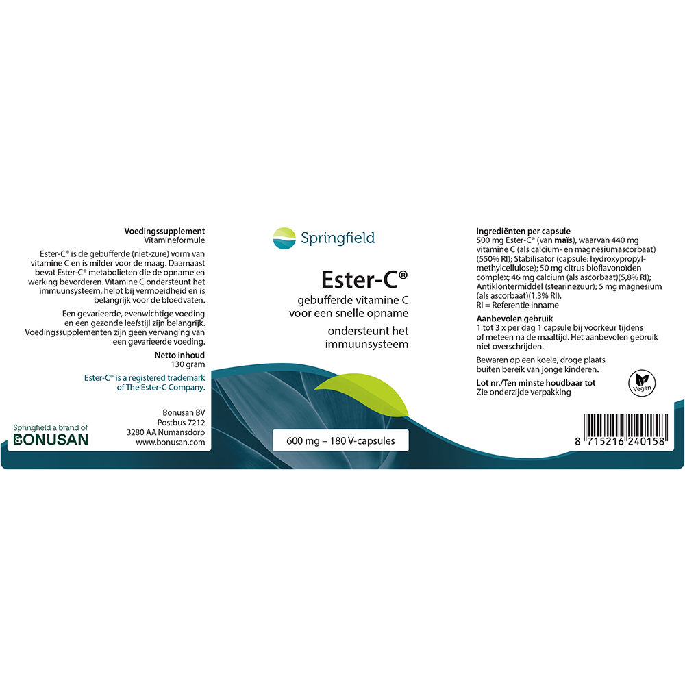 Ester C Vitamine C met bioflavonoïden | 180 V-caps. Springfield
