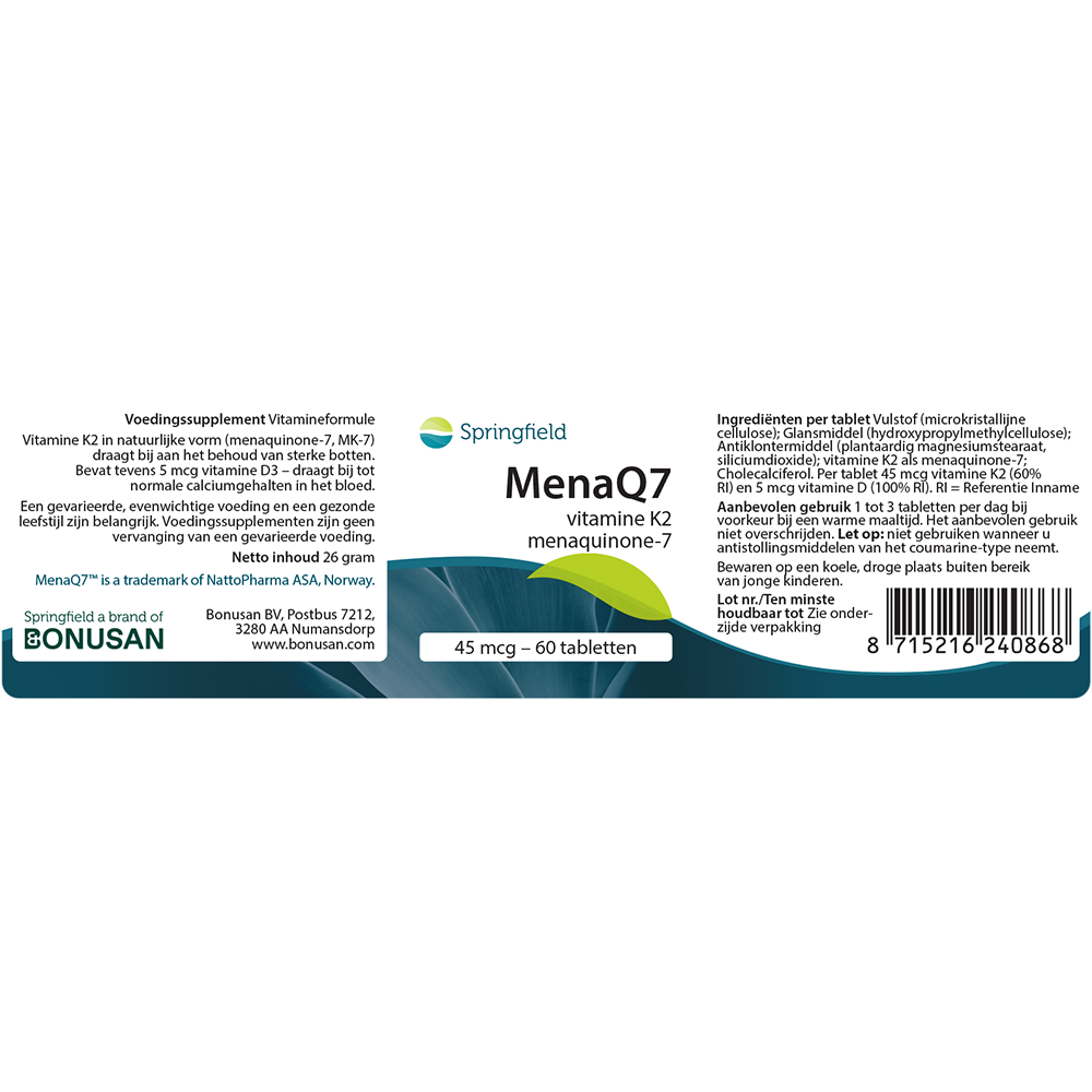 MenaQ7 Vitamine K2 | 45 mcg 60 tabl. Springfield