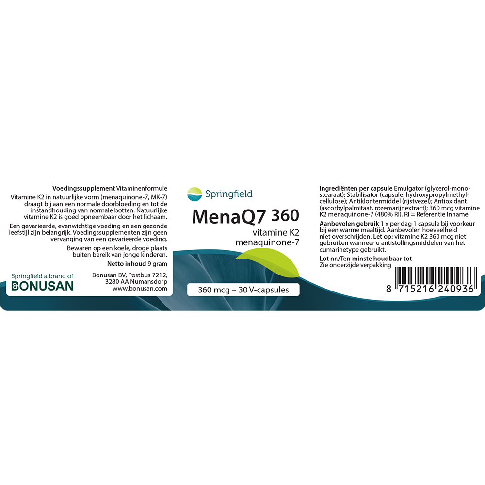 MenaQ7 360 | vitamine K2 360 mcg 30 V-caps. Springfield