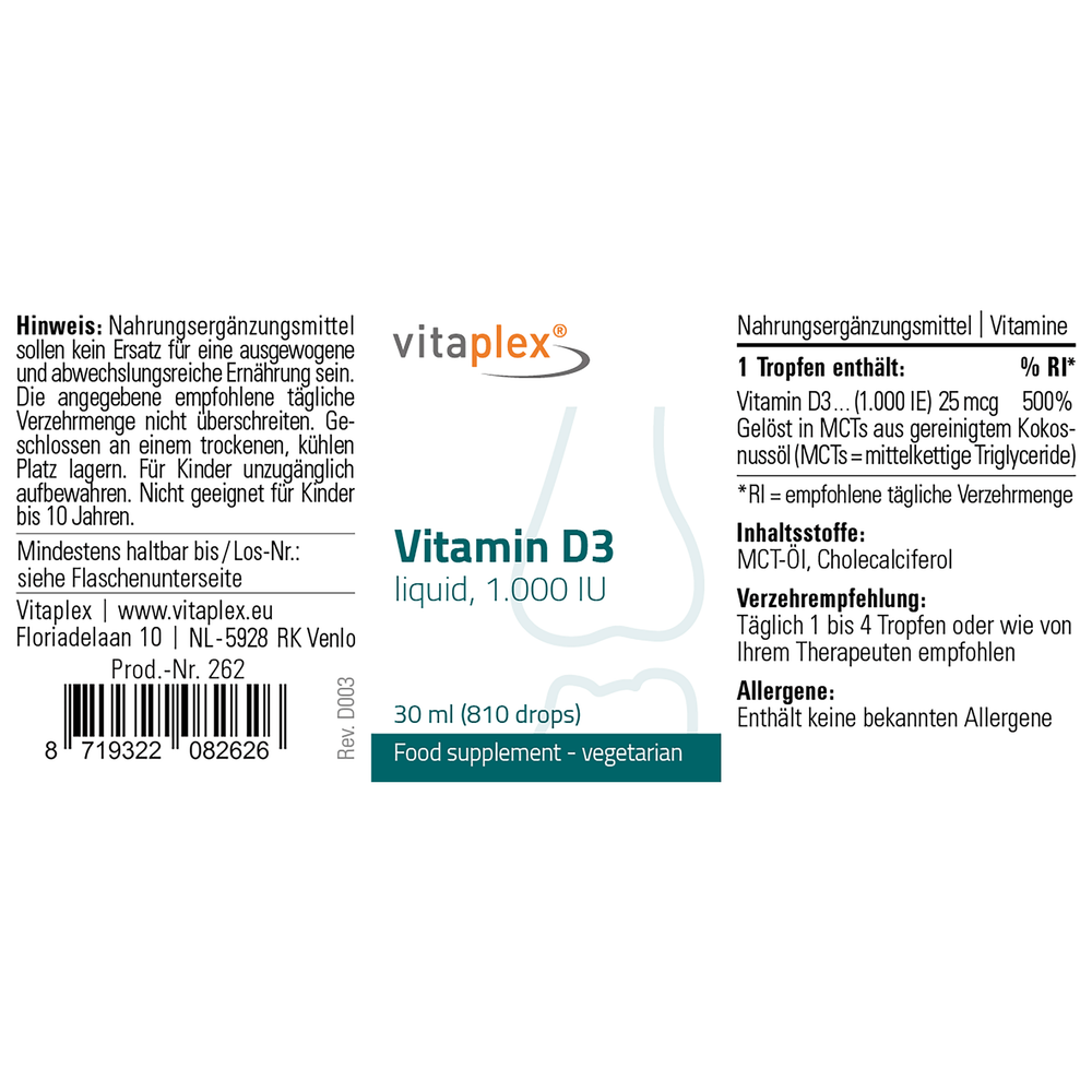 
                      
                        Vitamin D3 liquid, 1.000 IU / drop Supplementen Vitaplex   
                      
                    