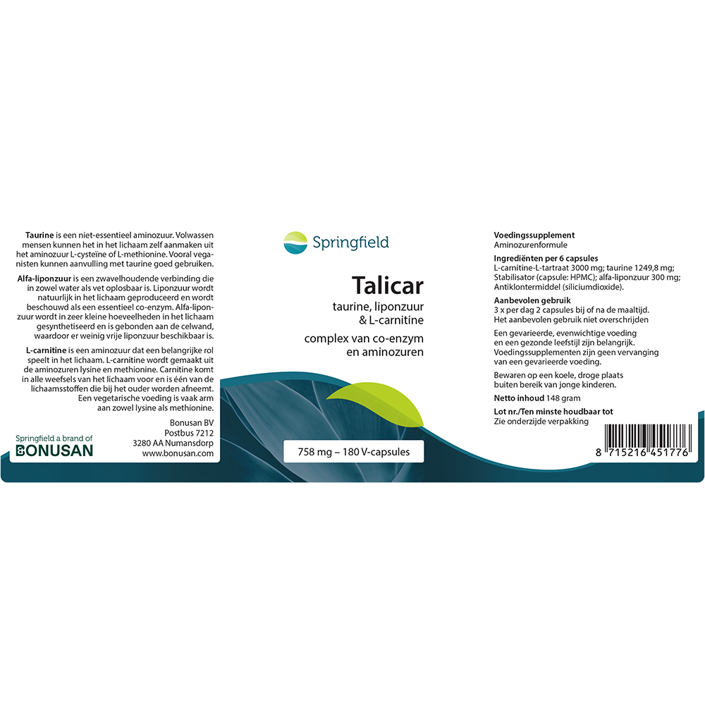 Talicar l-carnitine/taurine/liponzuur | 180 v-caps Springfield