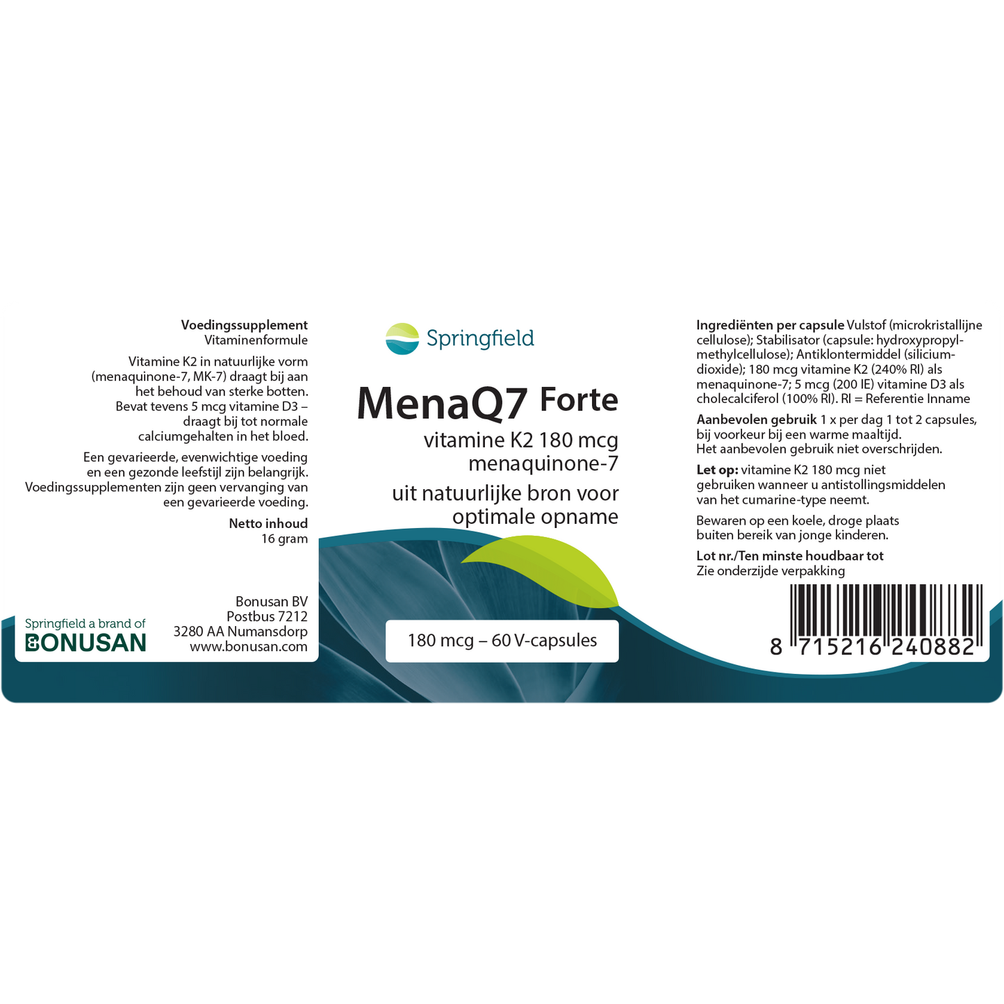 MenaQ7 Forte | 180 mcg vit. K2 + 5 mcg vit. D 60 V-caps. Springfield