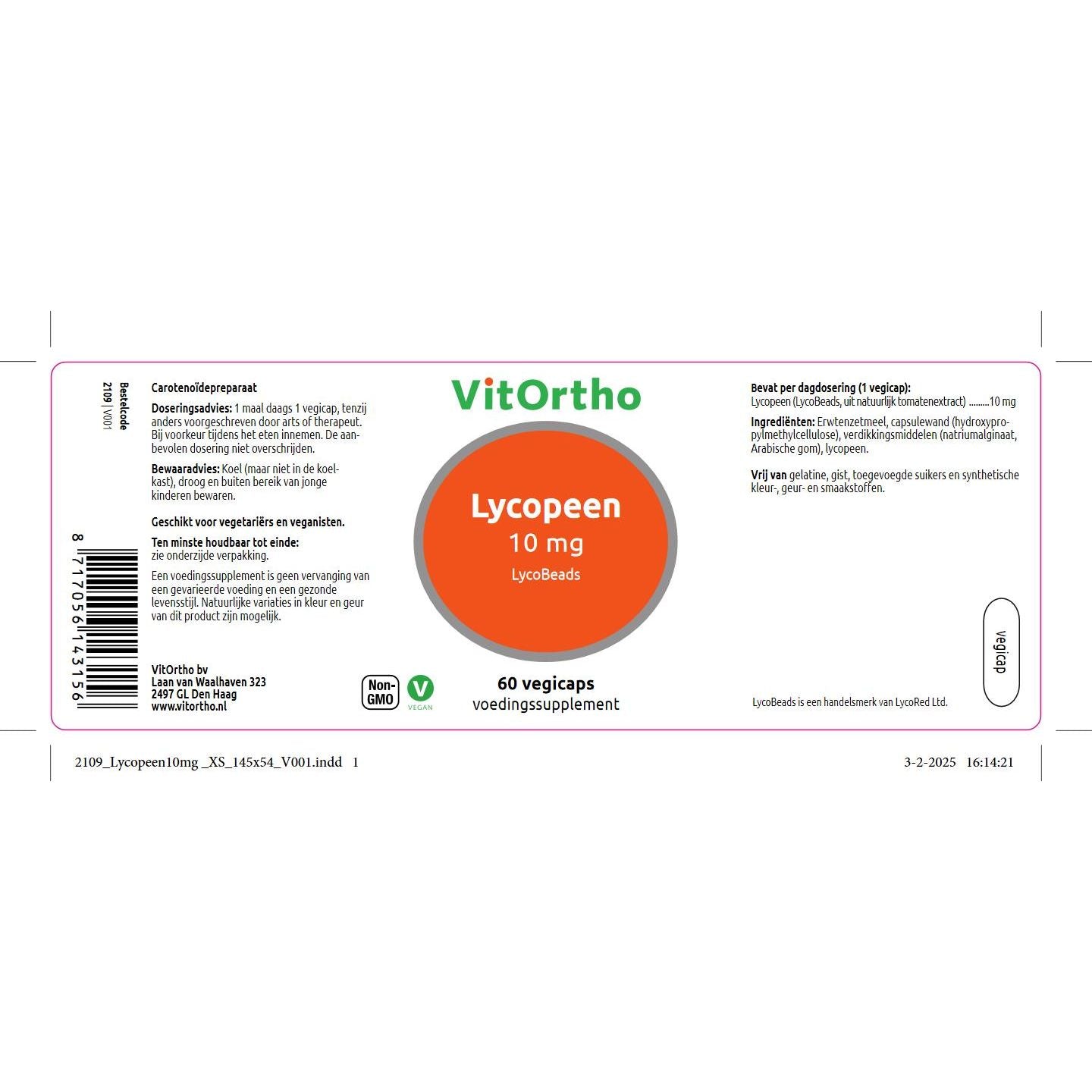 Lycopeen 10 mg Vitamine A (carotenoïden) VitOrtho