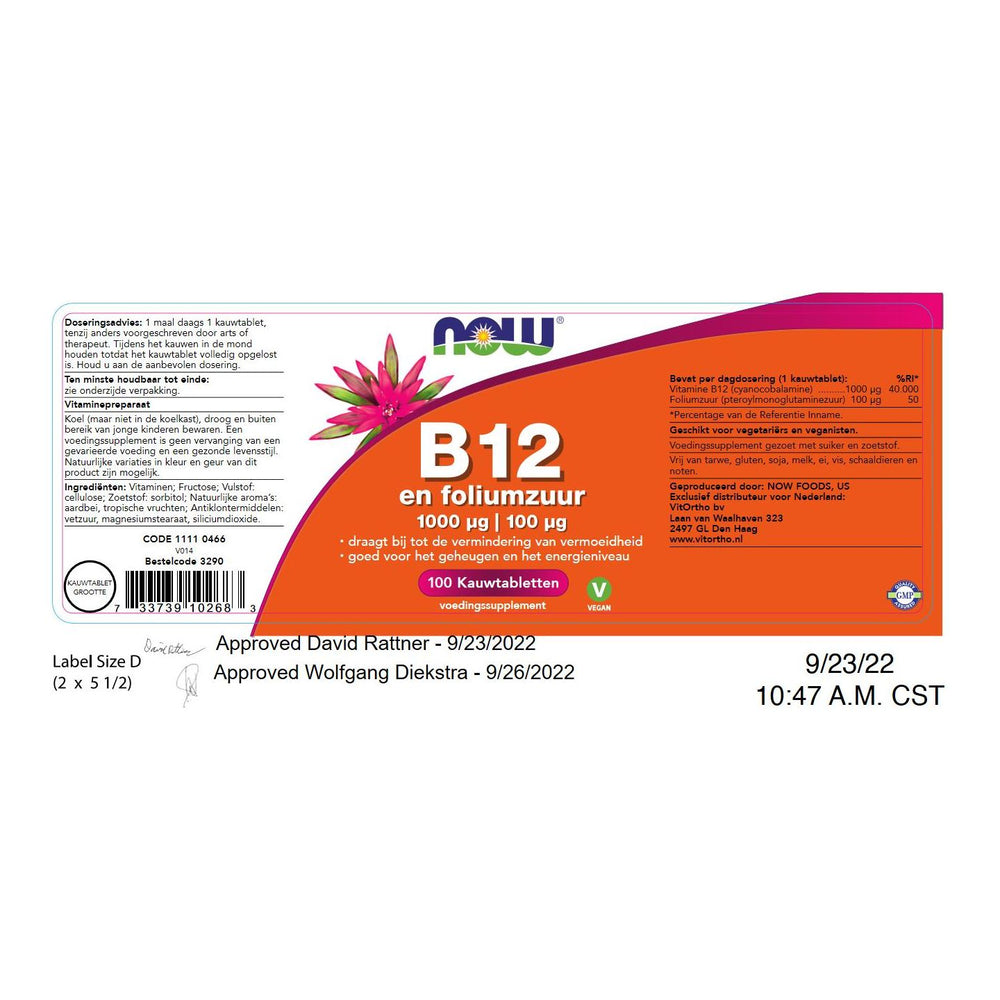 B12 en foliumzuur 1000 mcg - 100 mcg Vitamine B NOW