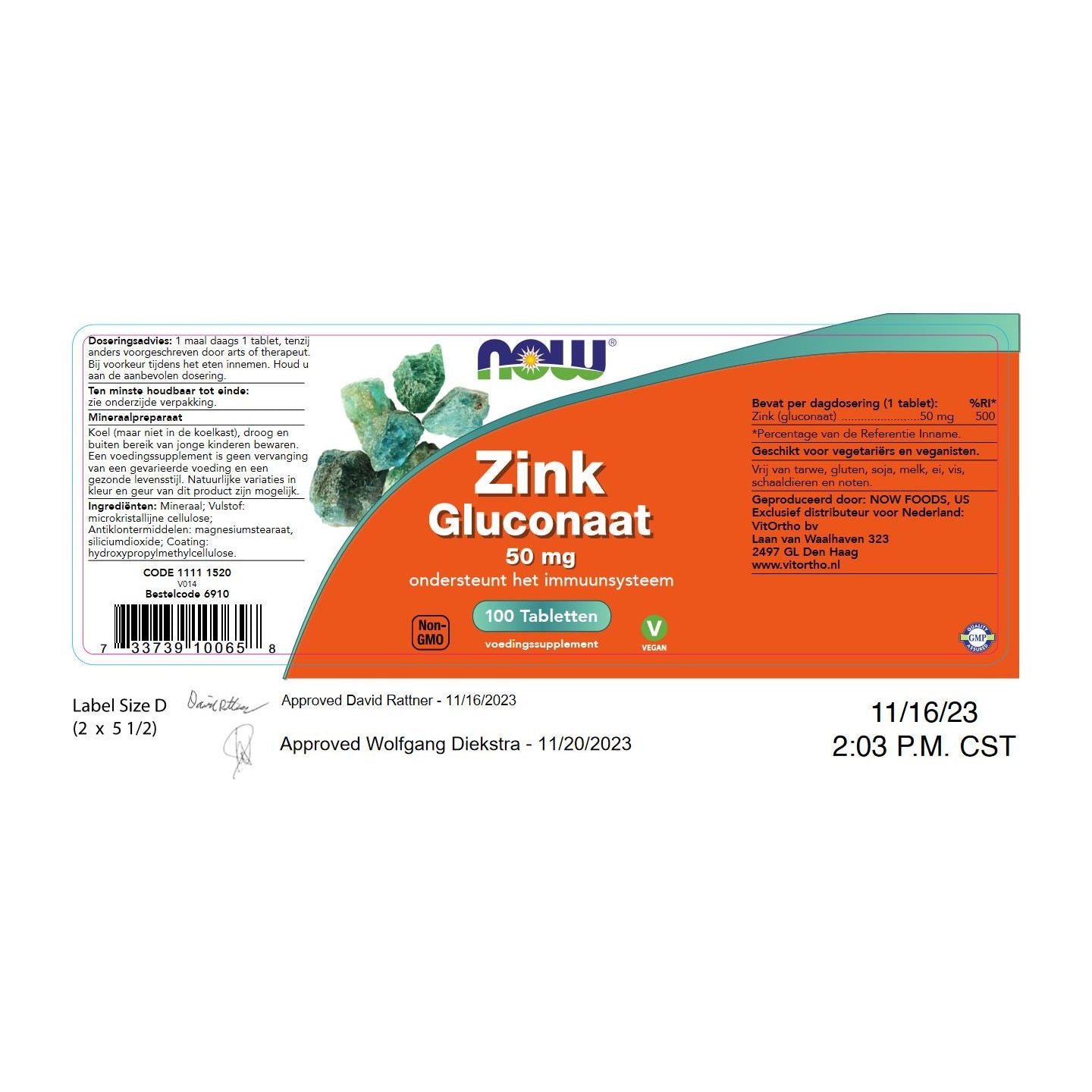 Zink Gluconaat 50 mg Mineralen NOW