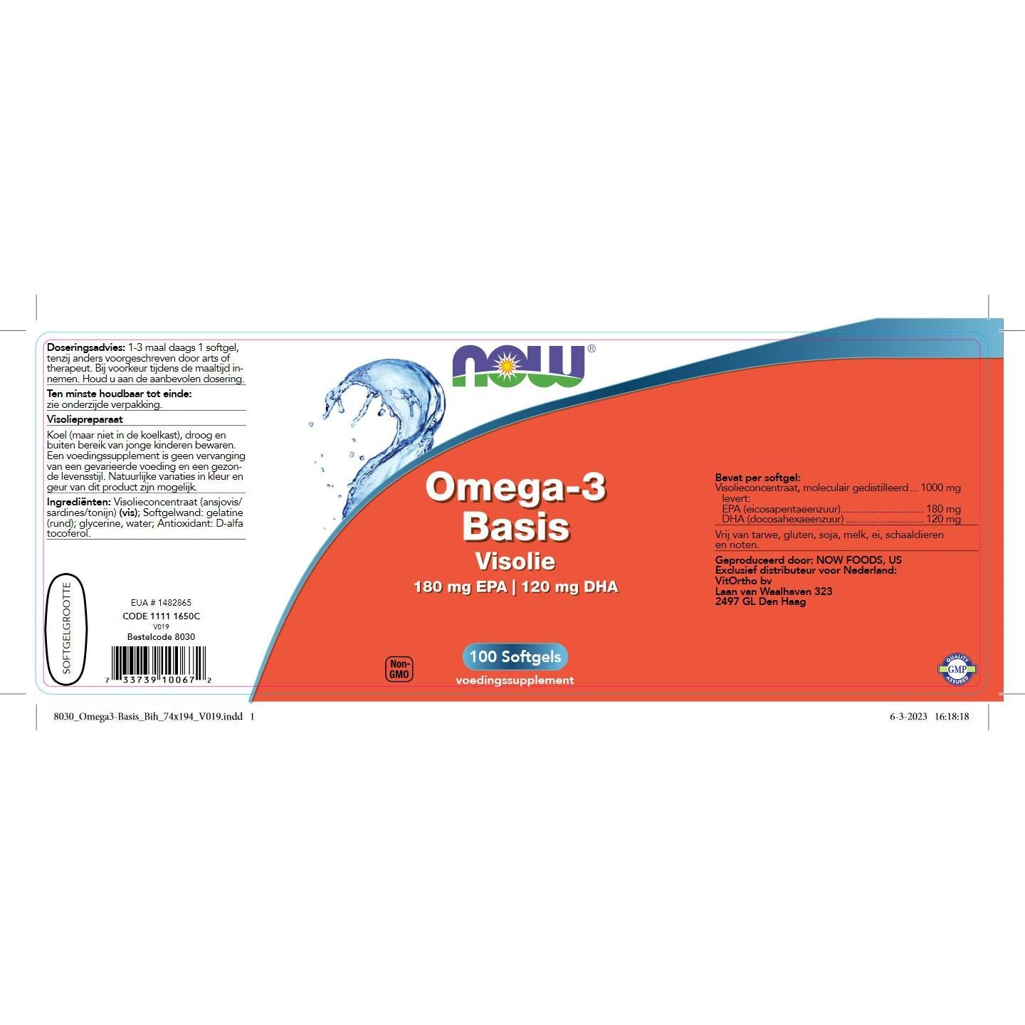 Omega-3 Basis Visolie 180 mg EPA 120 mg DHA Vetzuren NOW