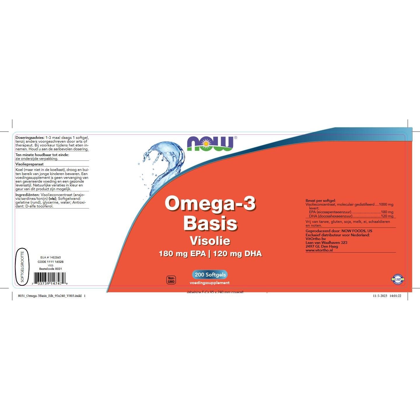 Omega-3 Basis Visolie 180 mg EPA 120 mg DHA Vetzuren NOW