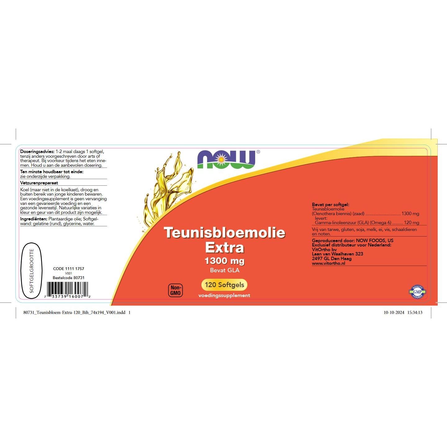 Teunisbloemolie Extra 1300 mg Vetzuren NOW