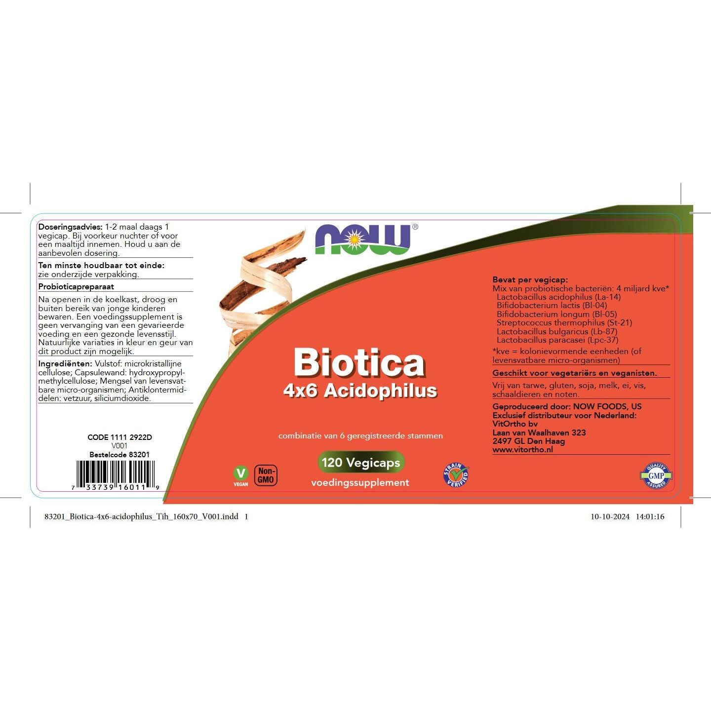 Biotica 4x6 Acidophilus Probiotica, vezels en enzymen NOW