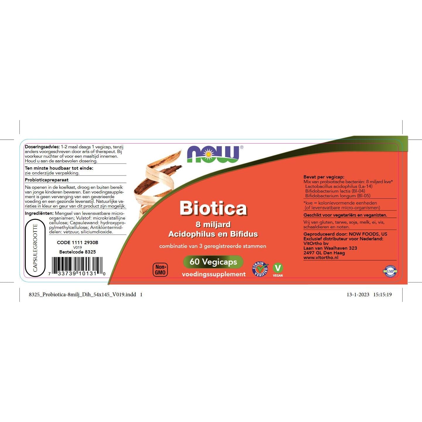 Biotica 8 miljard Acidophilus en Bifidus Probiotica, vezels en enzymen NOW