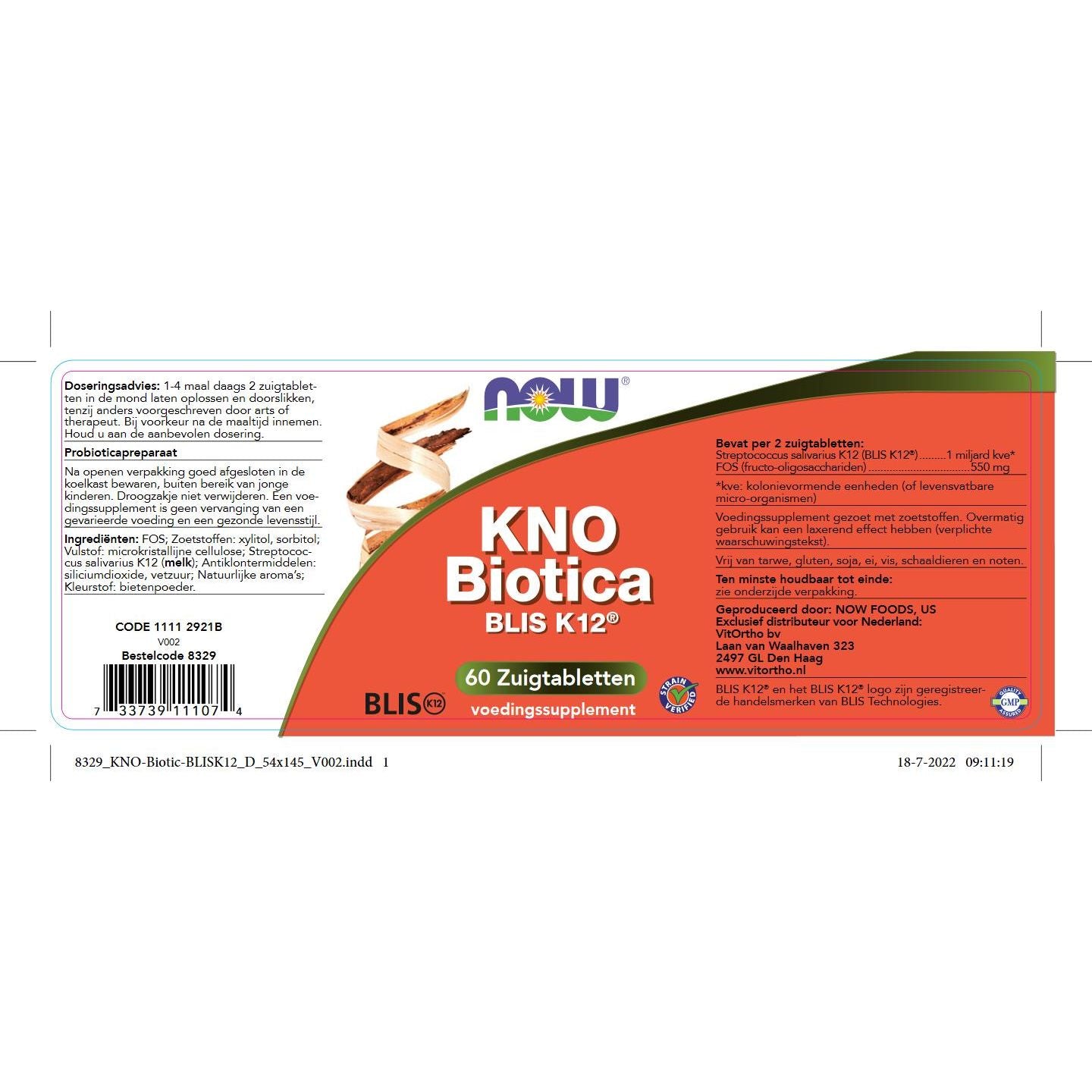 KNO Biotica BLIS K12 Probiotica, vezels en enzymen NOW