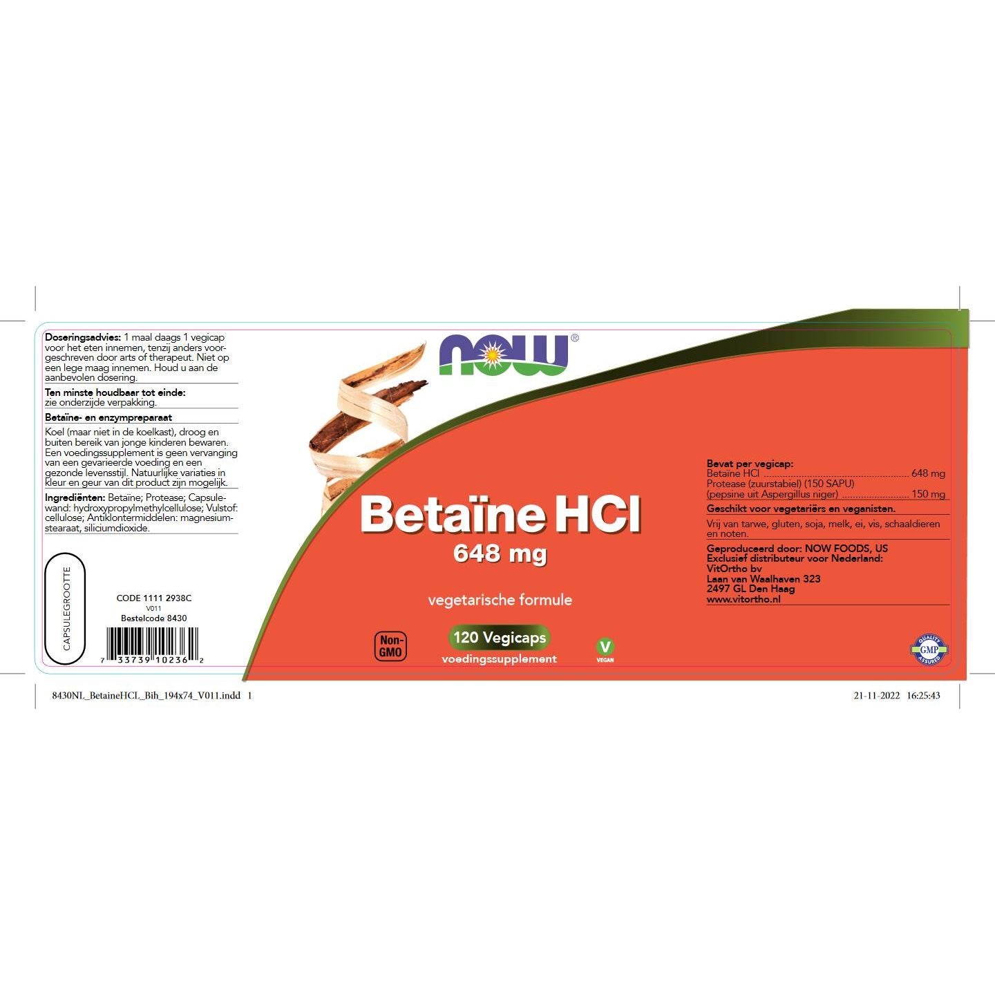 Betaïne HCl 648 mg Probiotica, vezels en enzymen NOW