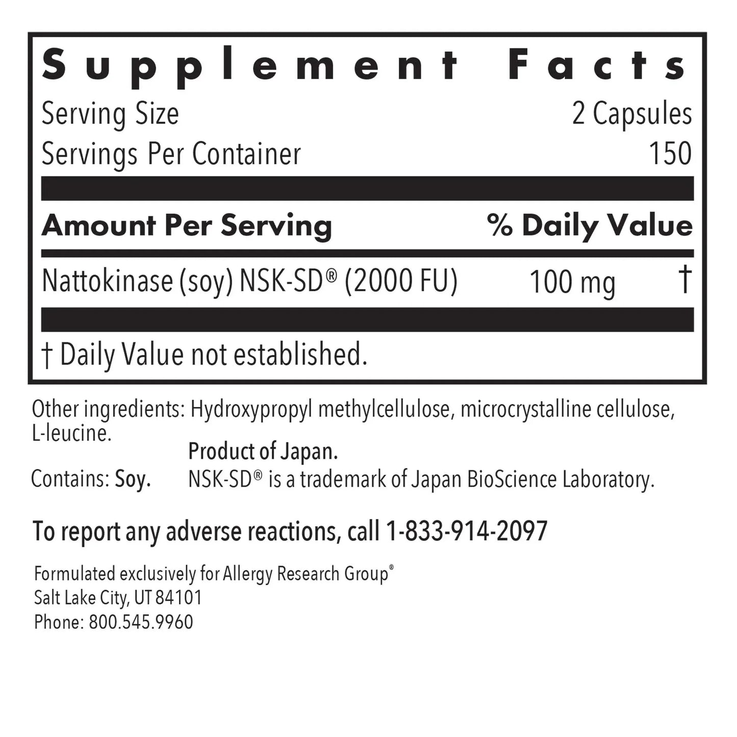 Nattokinase 50mg - 300 capsules Allergy Research Group