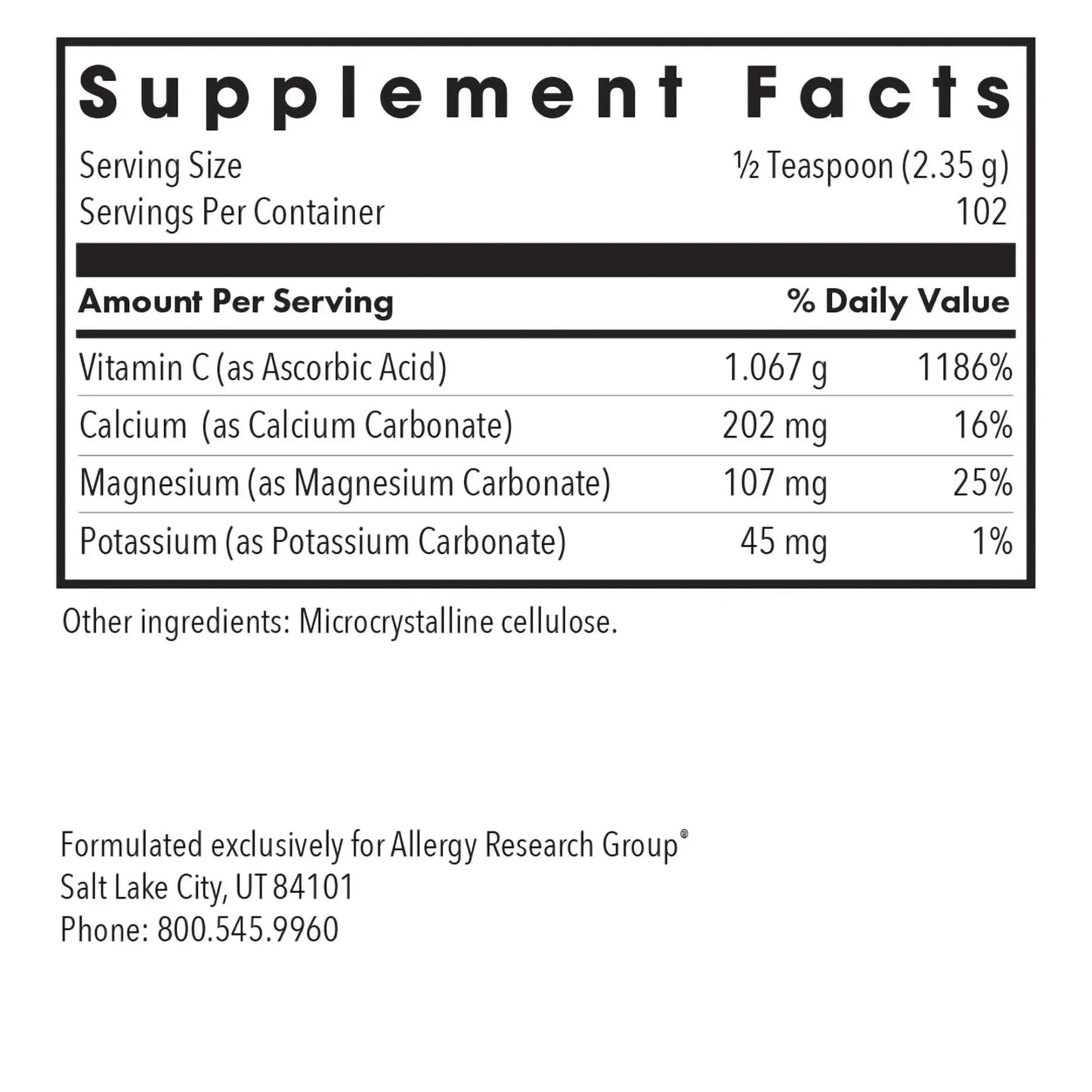 Buffered Vitamin C Powder Supplement Allergy Research Group