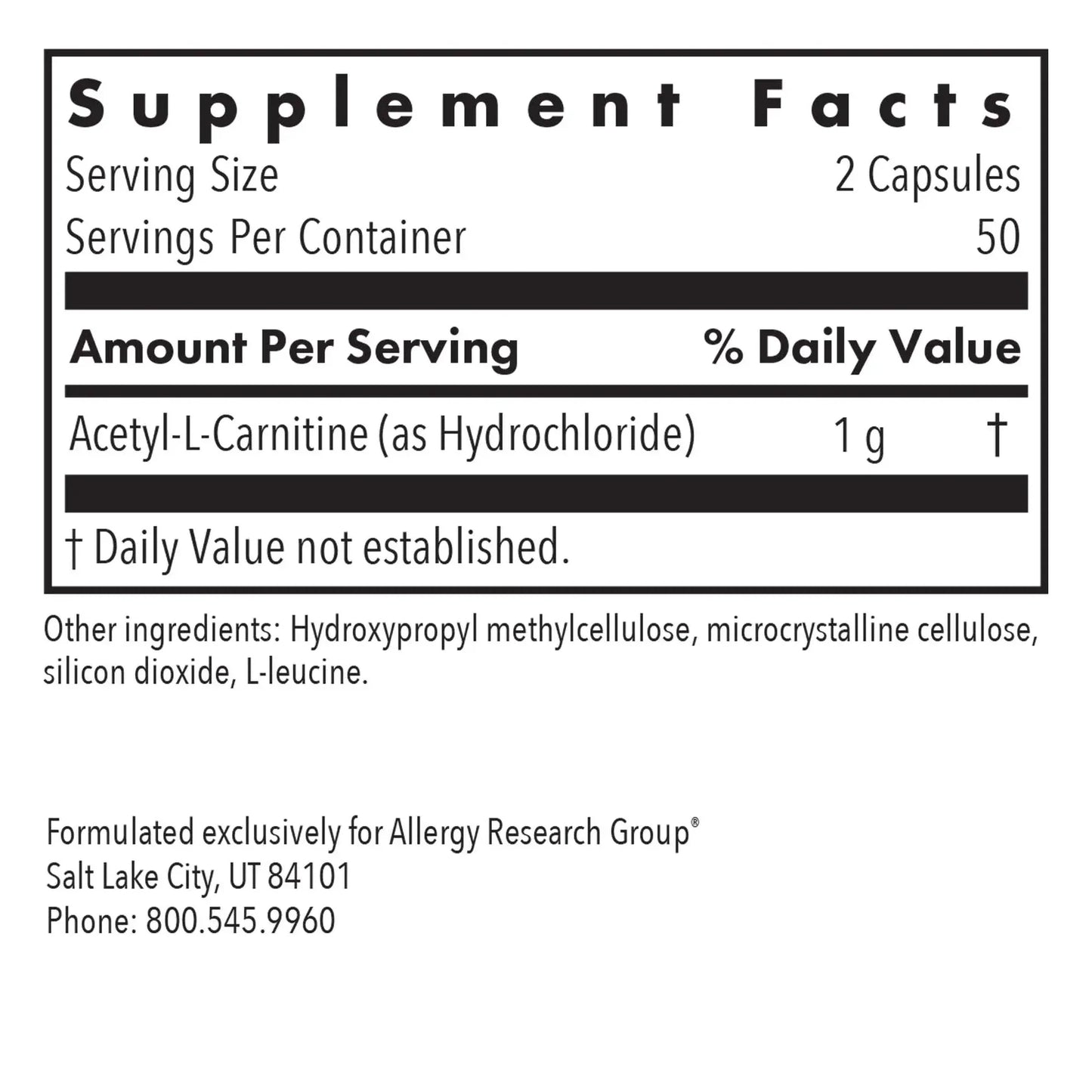 Acetyl-L-Carnitine 500mg - 100 capsules Allergy Research Group