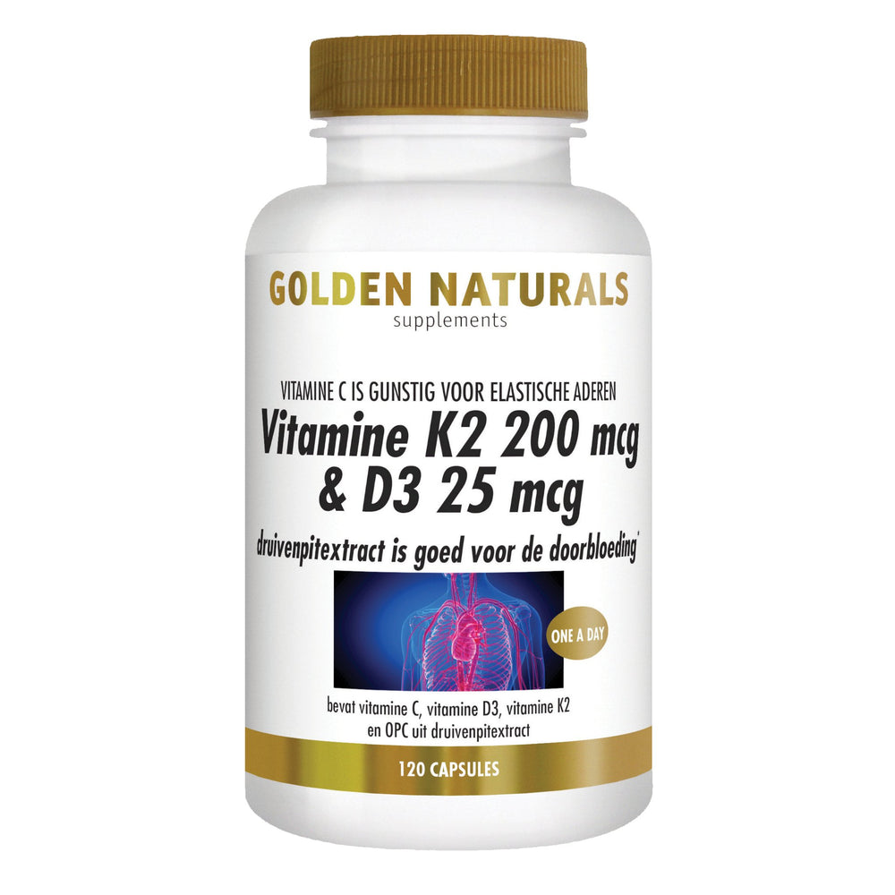 Vitamine K2 200 mcg & D3 25 mcg - 120 - vegetarische capsules Supplement Golden Naturals   