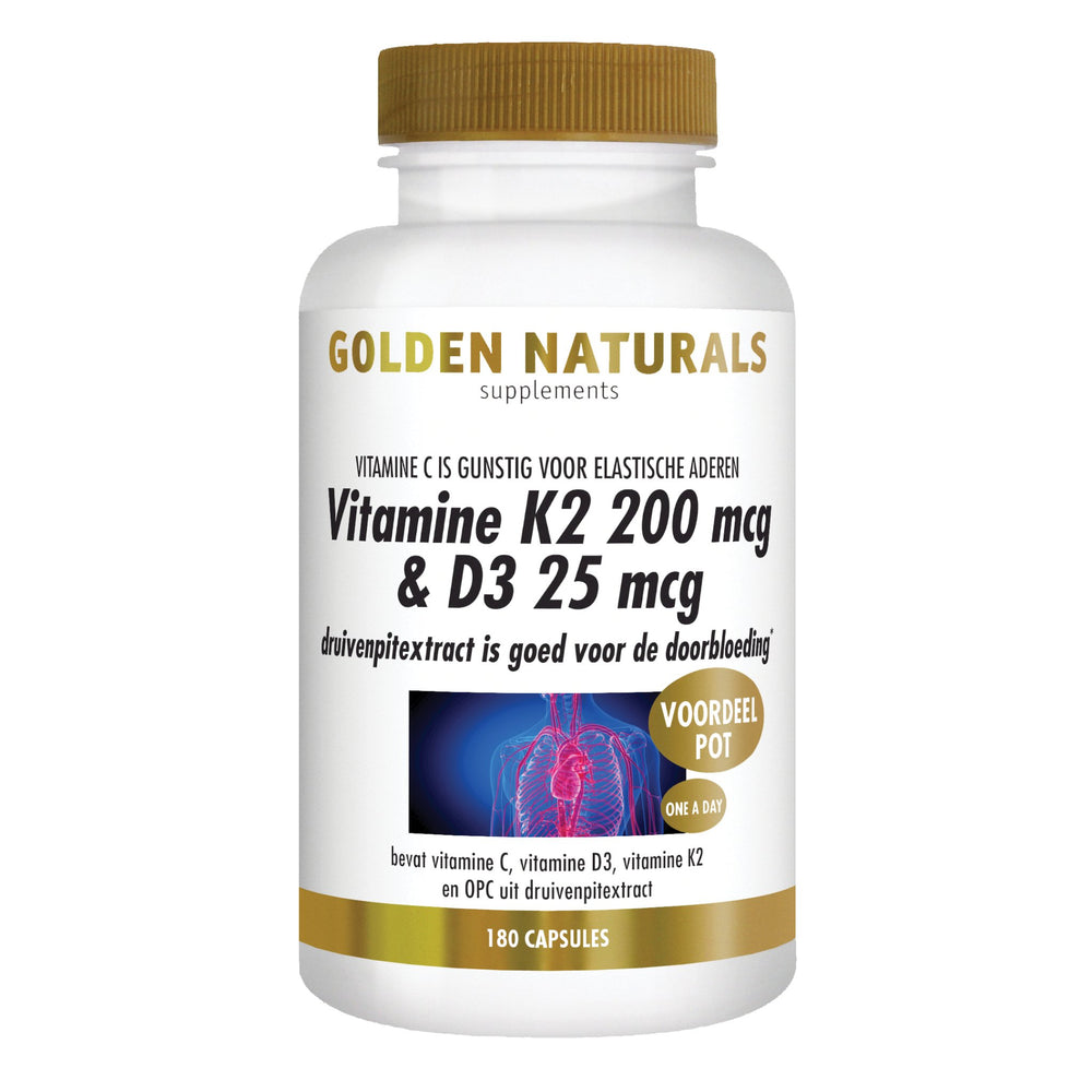 Vitamine K2 200 mcg & D3 25 mcg - 180 - vegetarische capsules Supplement Golden Naturals   