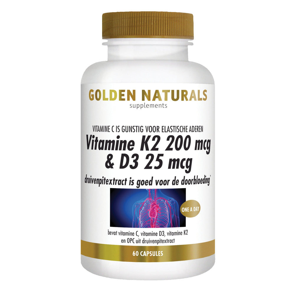 Vitamine K2 200 mcg & D3 25 mcg - 60 - vegetarische capsules Supplement Golden Naturals   