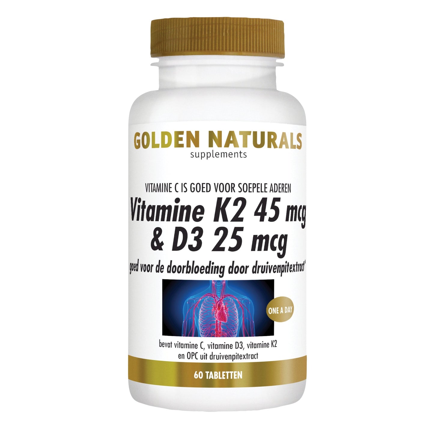 Vitamine K2 45 mcg & D3 25 mcg - 60 - vegetarische tabletten Supplement Golden Naturals   